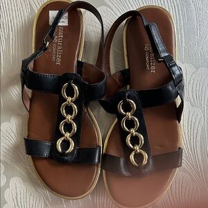 Naturalizer Black Leather Slingback Sandals with Gold Chain Detail
